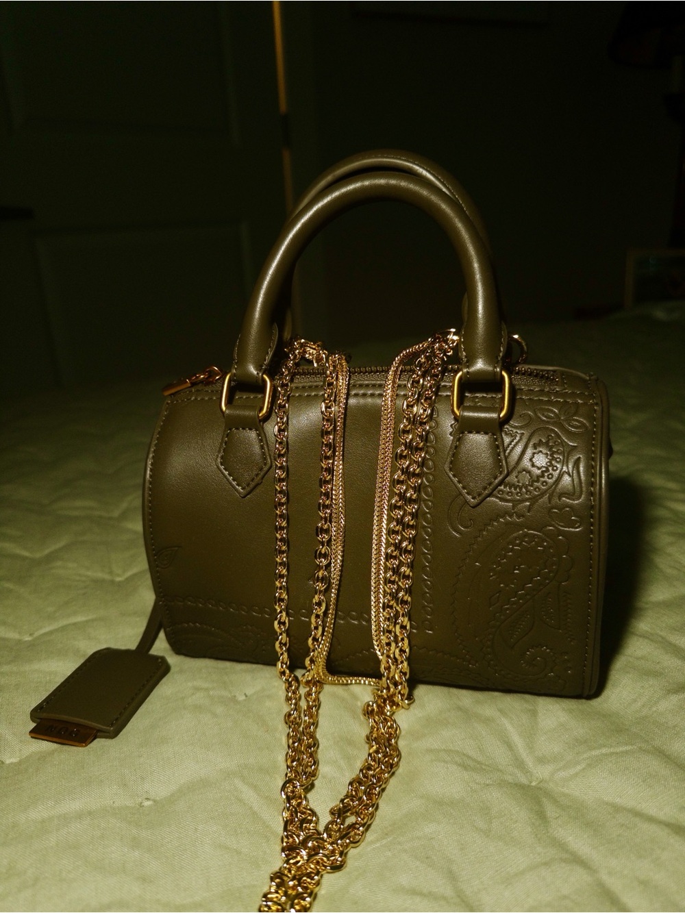 Olive Green Embossed Mini Top-Handle Bag with Gold Chain